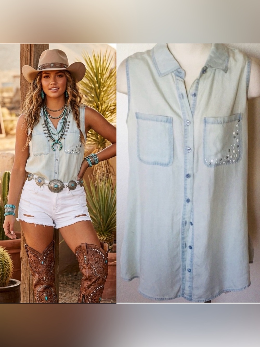 $140 ABS Allen Schwartz Soft Washed Vintage Denim Button Down Blouse Top